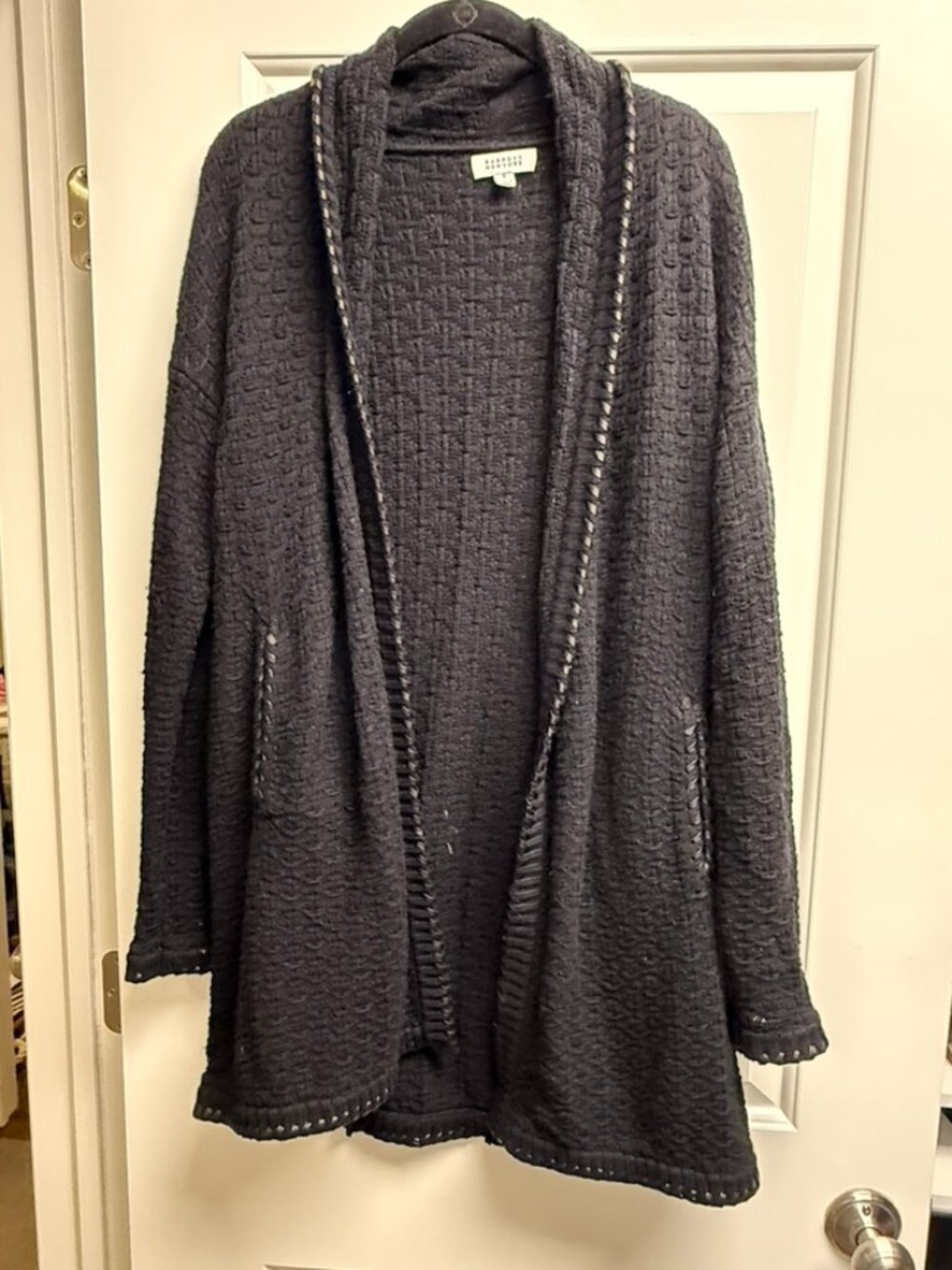 Barneys New York Black Cardigan Sweater with Leather Trim